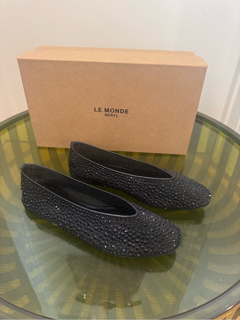 Le Monde Beryl Black Crystal-Studded Women’s Ballet Flats